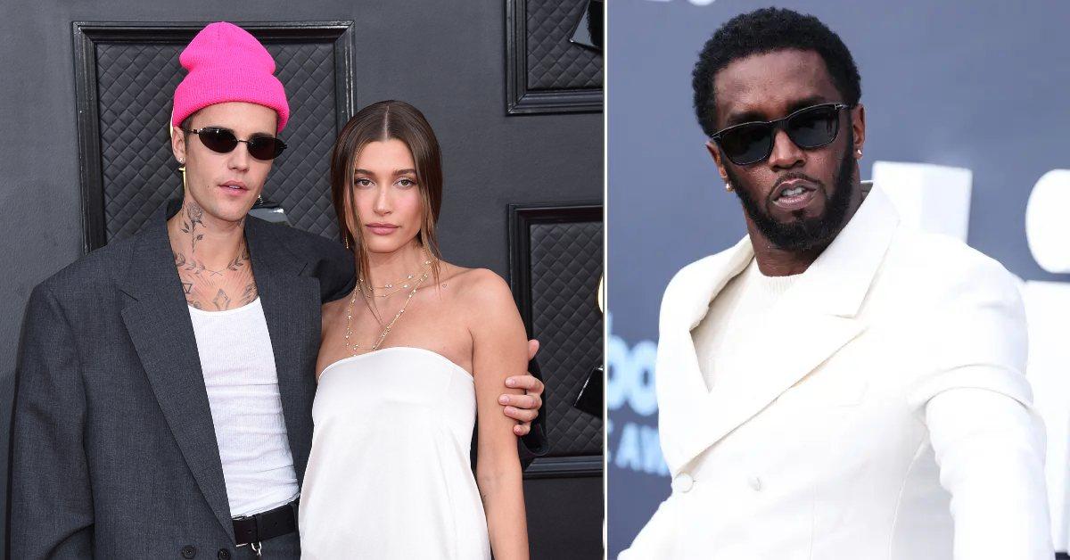 Photo of Justin and Hailey Bieber and a picture of Sean 'Diddy' Combs.