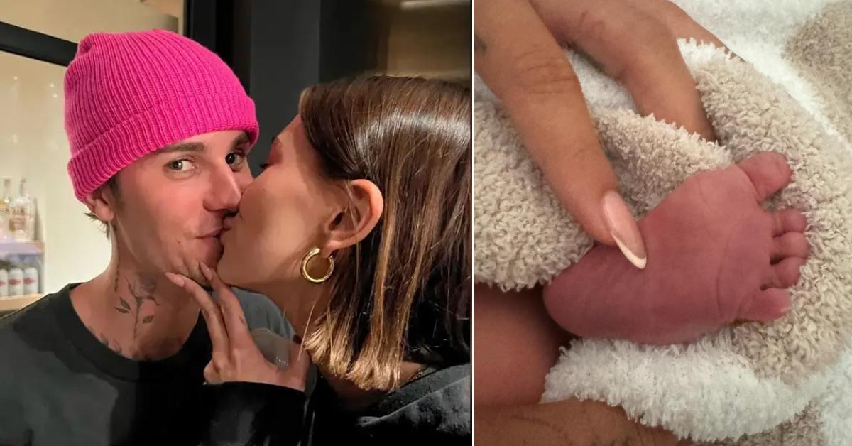 Photo of Justin and Hailey Bieber and a picture of their newborn's foot.